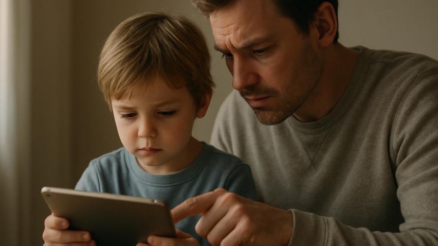 Thoughtful parent and child engage with a tablet, exploring the impact of social media on youth.