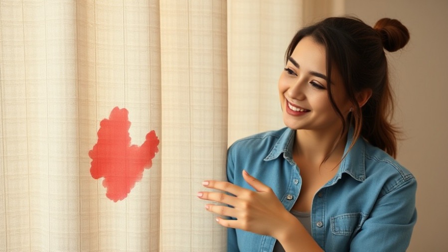 Smiling woman pondering stain removal strategies with vivid colors and soft lighting.