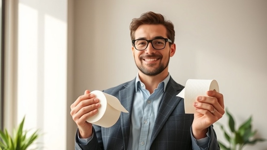 Charismatic businessperson promoting sustainable brands with eco-friendly toilet paper.