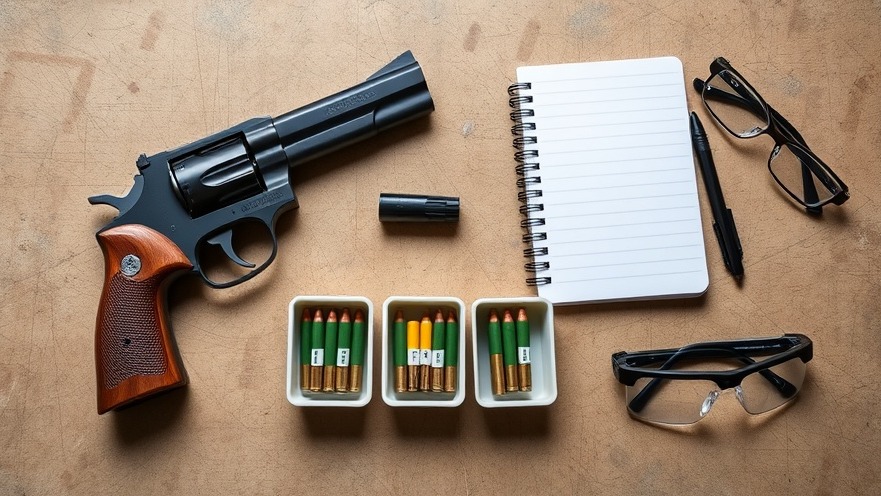Firearm safety essentials: handgun, ammo selection, notebook, and safety glasses.
