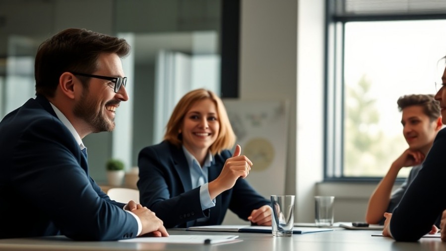 Confident leader demonstrating effective communication in team meeting.