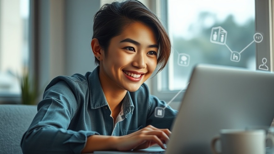 Young professional smiling confidently, enhancing brand identity in a digital presence.