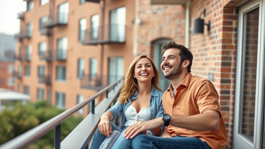 Cheerful couple enjoying international relocation on balcony, exploring new cultures.
