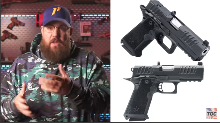 Energetic firearms expert showcasing a cutting-edge rifle in dramatic dusk lighting.