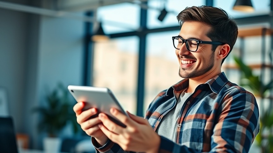 Smiling entrepreneur with tablet, showcasing easy online store setup in bright workspace.