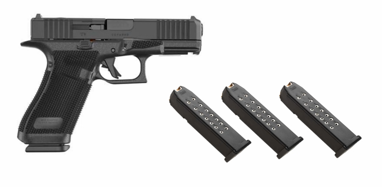 Excited reaction to new firearms technology innovations, vibrant background.