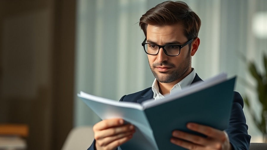 Confident marketing executive reviewing digital documents, addressing financial marketing challenges.