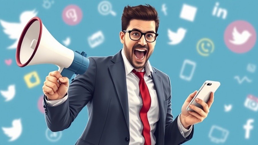 Businessman with megaphone and smartphone promoting LinkedIn for B2B audience engagement.