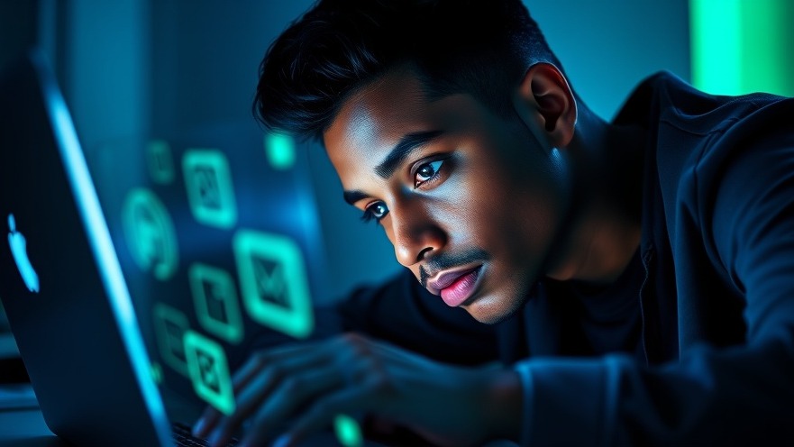 Diverse young marketer contemplates AI developments in a modern workspace, illuminated by futuristic icons.