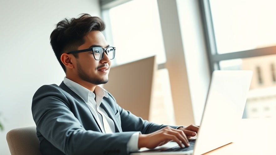 Professional young entrepreneur enhancing local business visibility with online listings in a modern workspace.
