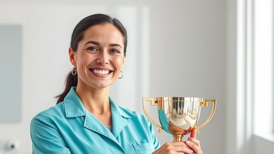 Proud cleaning professional celebrating hygiene recognition with a gleaming trophy.