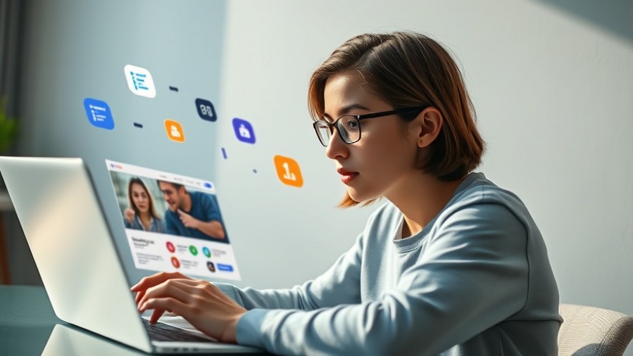 Young designer analyzing a dynamic website mockup, showcasing future web design with organic shapes.