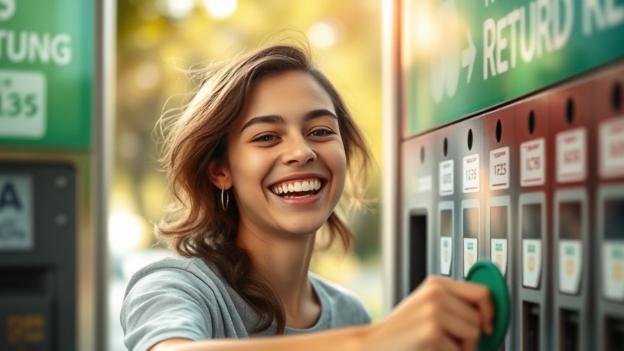 A joyful young adult deposits bottles into a return machine, highlighting recycling convenience.