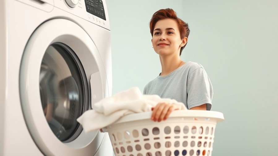 Person relieved by fresh laundry, using non-toxic laundry solutions in a bright setting.