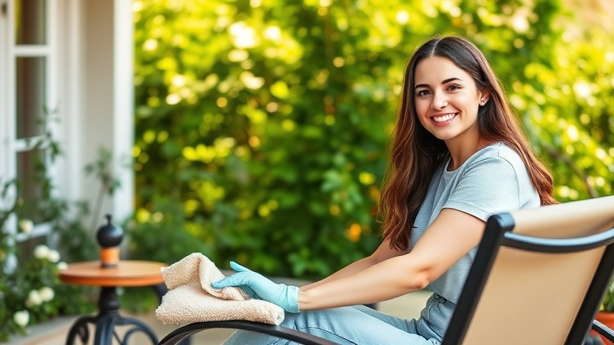 Cheerful woman using eco-friendly cleaning on stylish outdoor furniture.