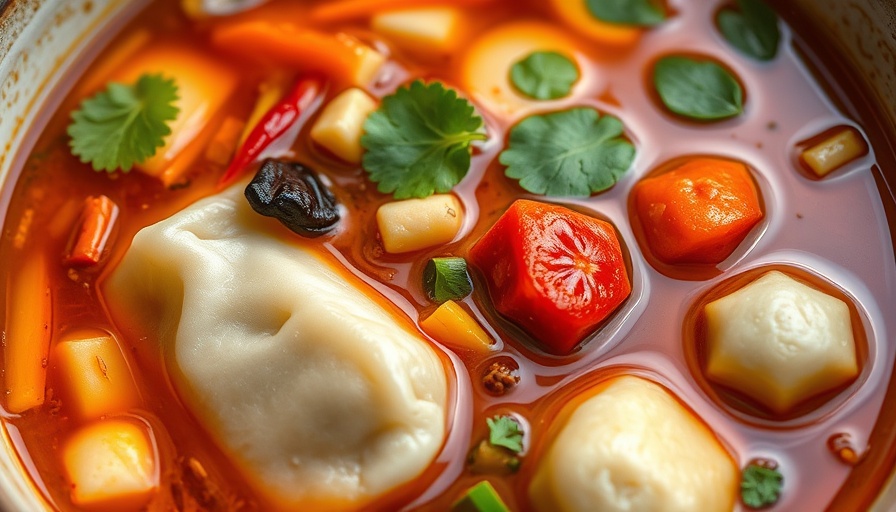 Vibrant Thai coconut dumpling soup, rich flavors and colors.