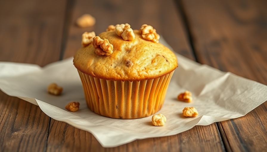Moist apple cinnamon protein muffin with walnuts on rustic table.
