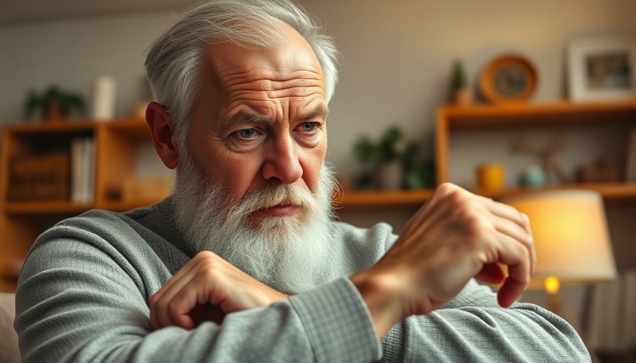 Elderly man rubbing wrist in living room; consider leaf blower safety tips.