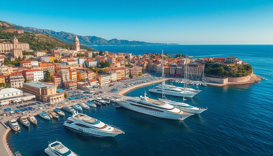 Aerial of Marbella marina with yachts and properties.