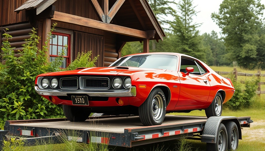 Classic red car on trailer, signs a used car is a lemon.
