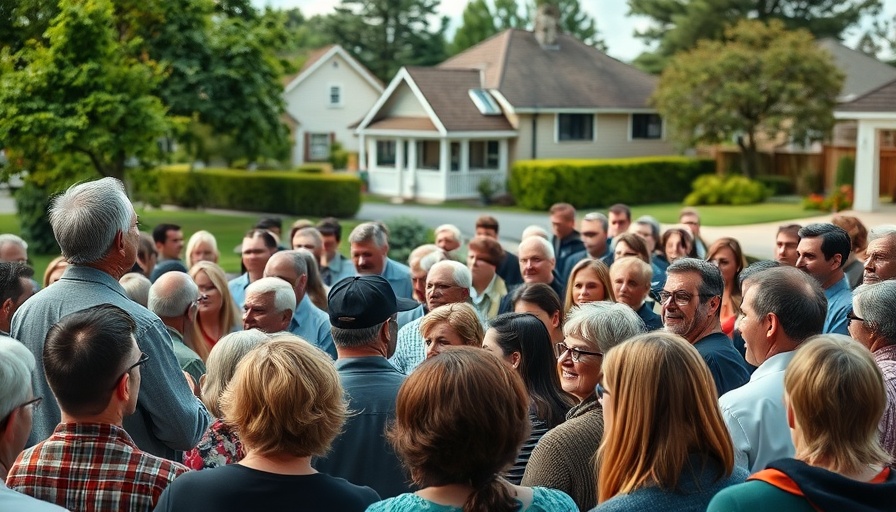 Diverse crowd in suburban neighborhood attending a property auction.