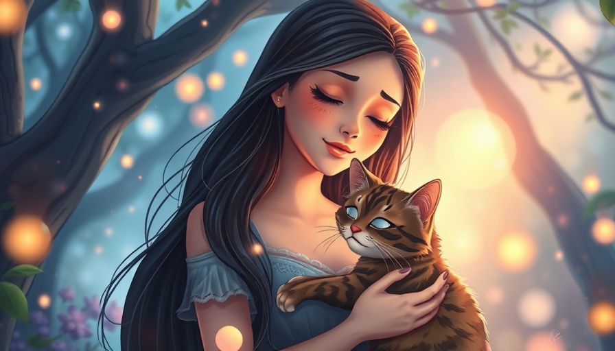 Ethereal woman embracing a cat in a mystical forest, healing vibes.