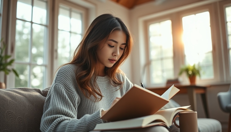 Calm young woman journaling peacefully by a window, natural light.