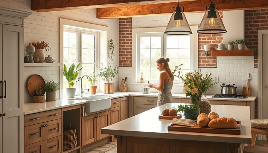 Bright farmhouse kitchen with woman cooking, storm-ready design.