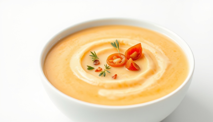 Easy creamy butternut squash and pear soup with seeds and cream swirl.