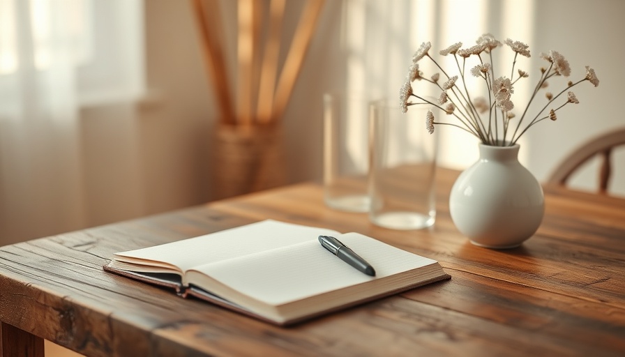 Morning Pages practice setup with an open notebook and a vase of flowers on a wooden table.