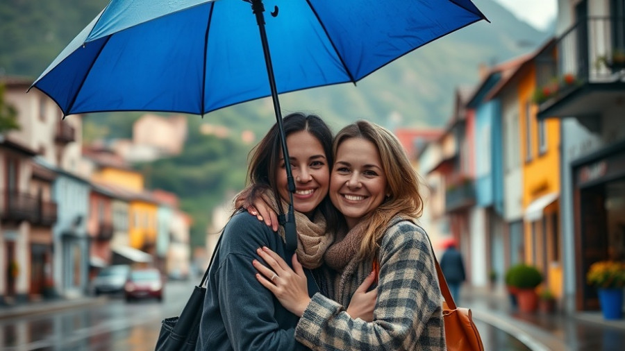 Two women embracing under an umbrella on a rainy street demonstrating warmth and support, related to how to love a trauma survivor.