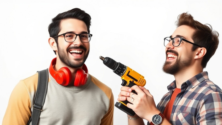 Robby and Mat from The Block Daylesford smiling with a drill and headphones.