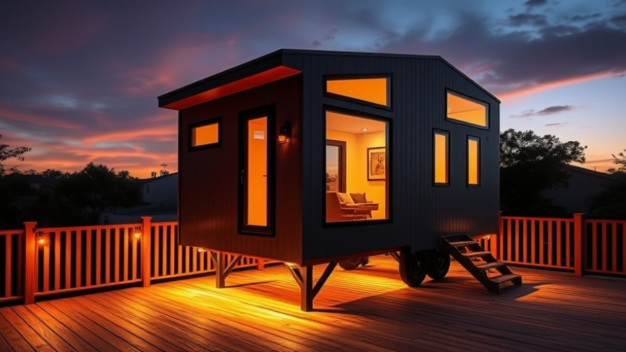 Affordable tiny house on elevated platform at sunset with warm lighting.
