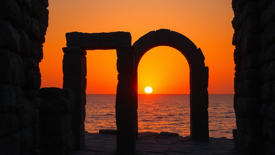 Greek medicine and modern aesthetics inspired sunset through ancient archway.