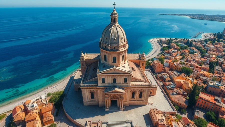 Aerial view of Palma de Mallorca cathedral by the sea, sunny day.