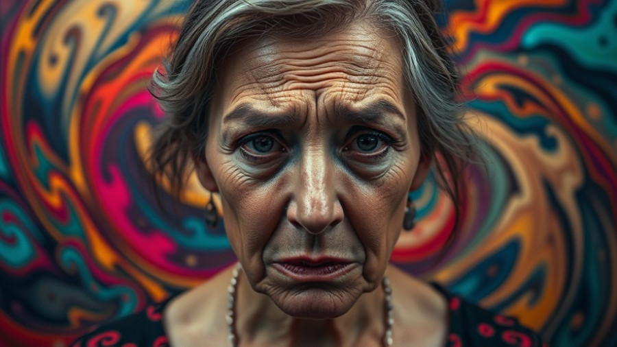 Emotionally charged middle-aged woman depicting anticipatory grief, colorful surreal background.