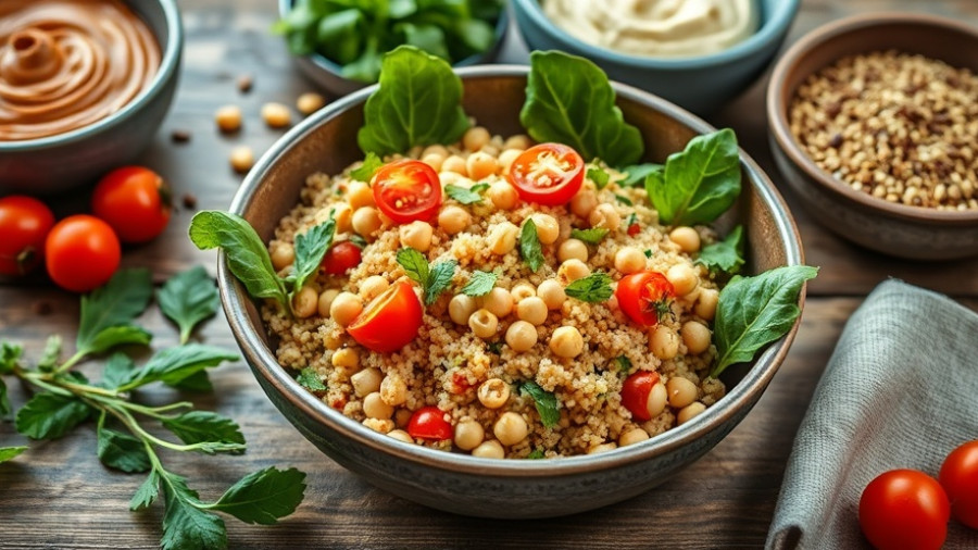 Delicious Mediterranean quinoa bowl with fresh vegetables and hummus.