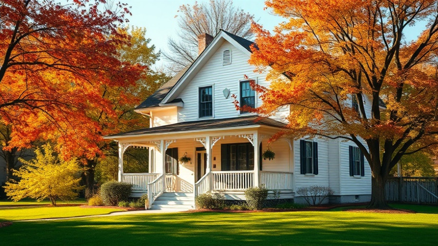 Charming white house with autumn foliage highlighting importance of structural inspections.