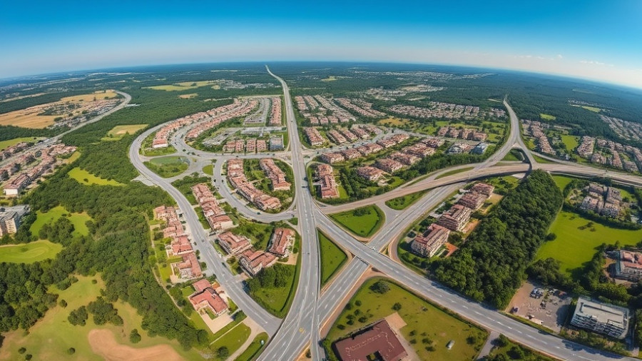 Aerial view of Menangle Park real estate developments and highways.