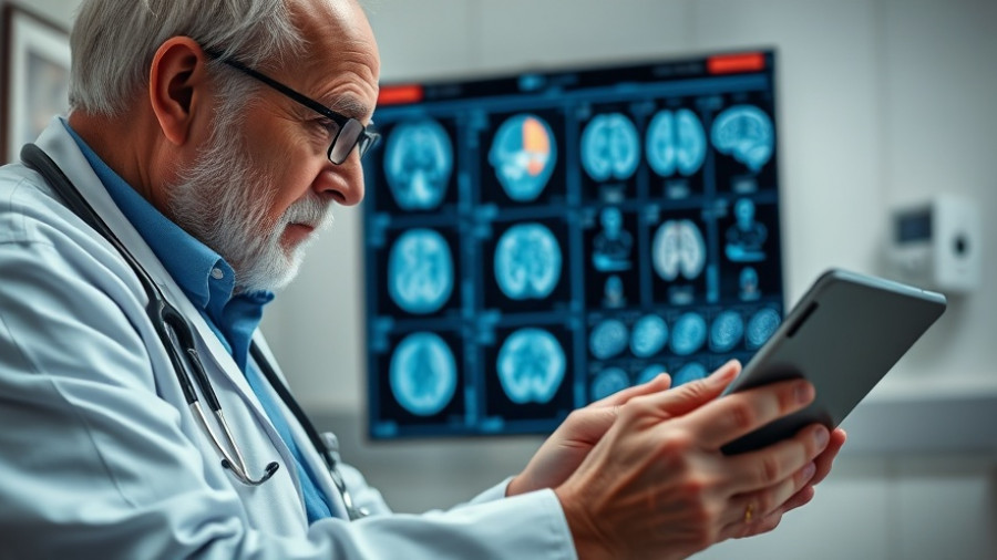 Elderly patient discussing dementia risk with doctor using tablet.