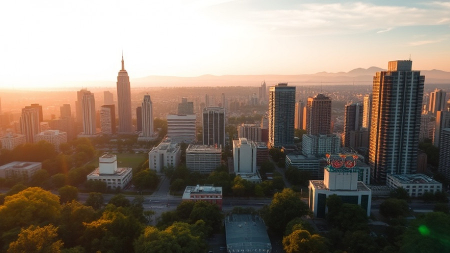 Modbury urban skyline at golden hour showcasing vibrant city life.