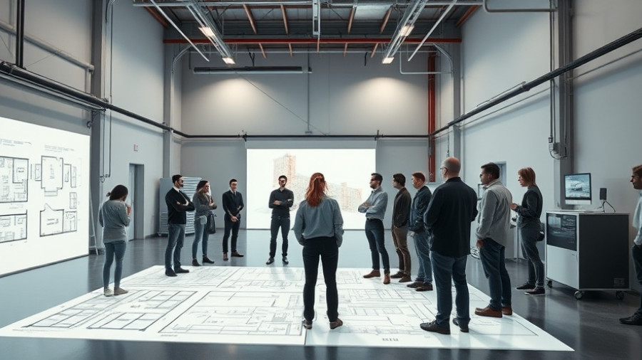 People exploring virtual reality walkthrough of commercial real estate model.