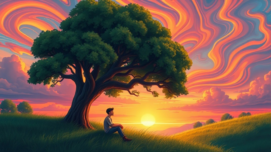 Transforming life by slowing down: man relaxes under a tree at sunset.