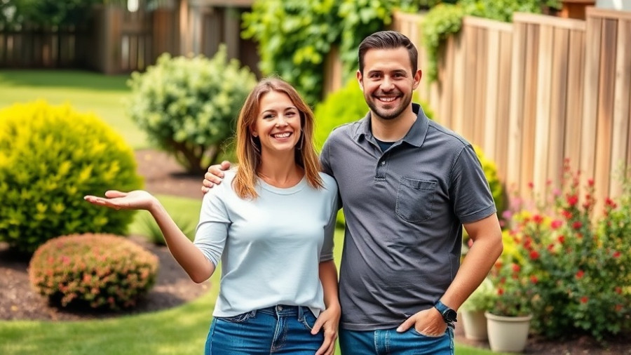 Cheerful couple in a garden during Joe Salanitri family home sale.