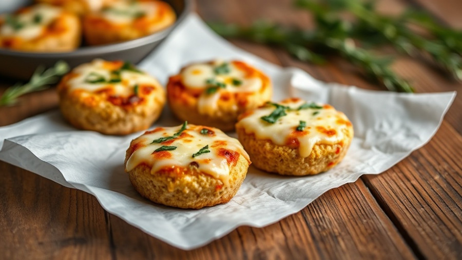High-protein pizza quinoa bites topped with cheese and herbs.