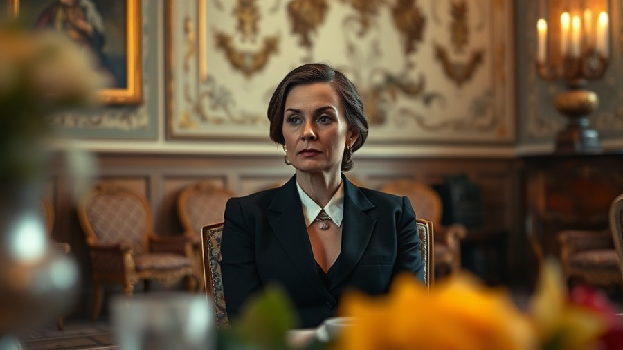 Contemplative woman in formal wear in an ornate room.