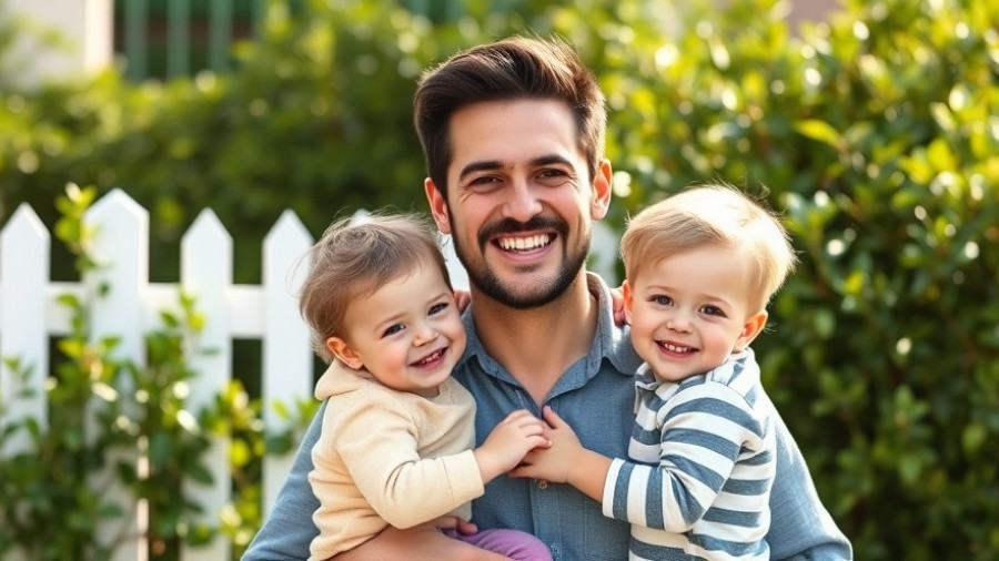 Happy father with children outdoors, moving with kids theme