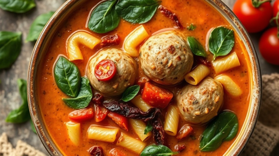 Rich Marry Me Chicken Soup with meatballs, pasta, and tomatoes, top view.
