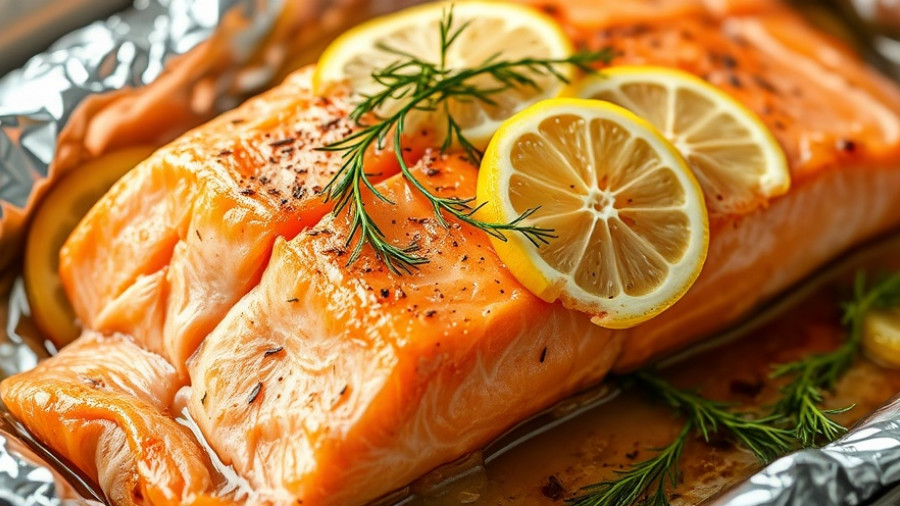 Flaky oven-baked salmon in foil with lemon and dill