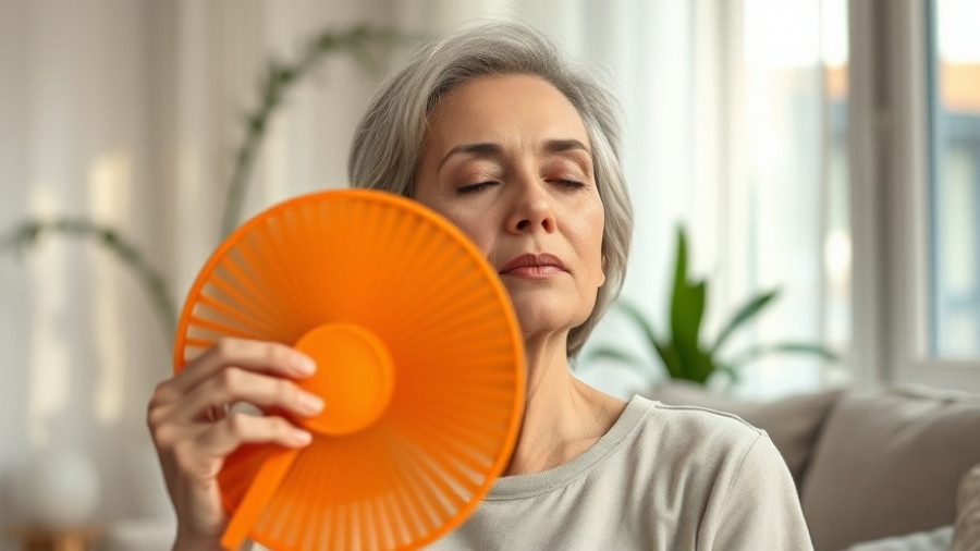 Middle-aged woman using fan for hot flash relief, menopause hormone therapy context.